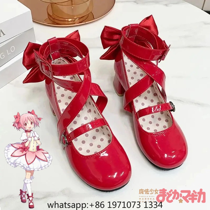 Cosplay Prop Bow - อะนิเมะสาวน้อยเวทมนตร์ มาโดกะ มาจิก้า คานาเมะ มาโดกะคอสเพลย์รองเท้าสาวโลลิต้าสีแดงโบว์รองเท้าส้นสูงรองเท้าหนังฮาโลวีนเครื่องแต่งกายอุปกรณ์ประกอบฉาก
