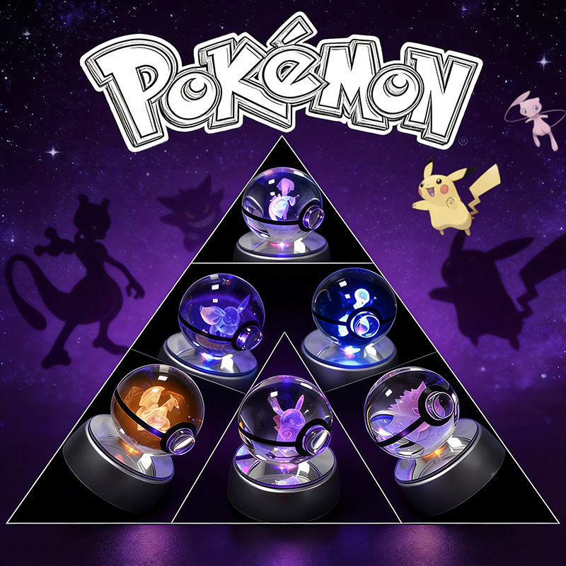 Pokeball Cosplay Prop - โปเกมอนคริสตัล โปเกบอล 3D แกะสลักลูกแก้วเรืองแสง รูปปั้นไฟกลางคืน พิคาชู