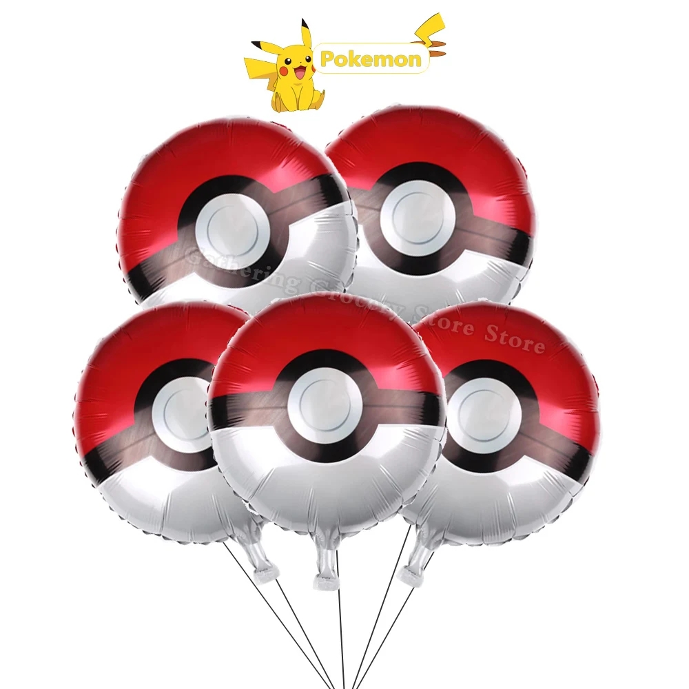 Pokeball Cosplay Prop - ลูกโป่งฟอยล์อะลูมิเนียมลายโปเกมอนน่ารัก 5 ชิ้น สำหรับงานวันเกิดเด็กชายเด็กหญิง ลูกโป่งรูปโปเกบอล บรรจุฮีเลียม