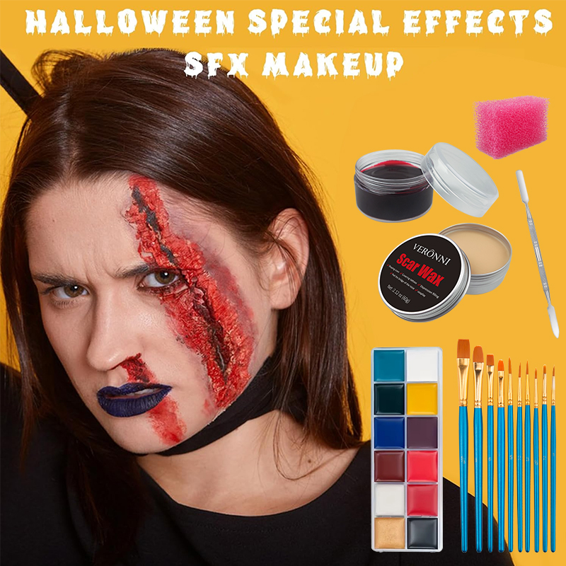 Body Paint Sfx - ชุดแต่งหน้าเอฟเฟกต์พิเศษ, สีทาหน้าและผิวกาย 12 สี, เอฟเฟกต์พิเศษสำหรับการแสดงบนเวที, แว็กซ์แผลเป็นสำหรับฮาโลวีน,