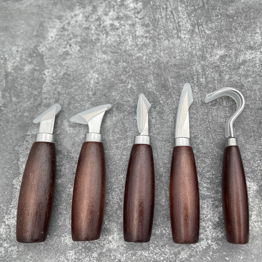 Craft Knife Set - ชุดเครื่องมือแกะสลักไม้ 5 ชิ้น ด้ามไม้โอ๊ค มีดโค้ง สำหรับงานศิลปะและงานฝีมือ