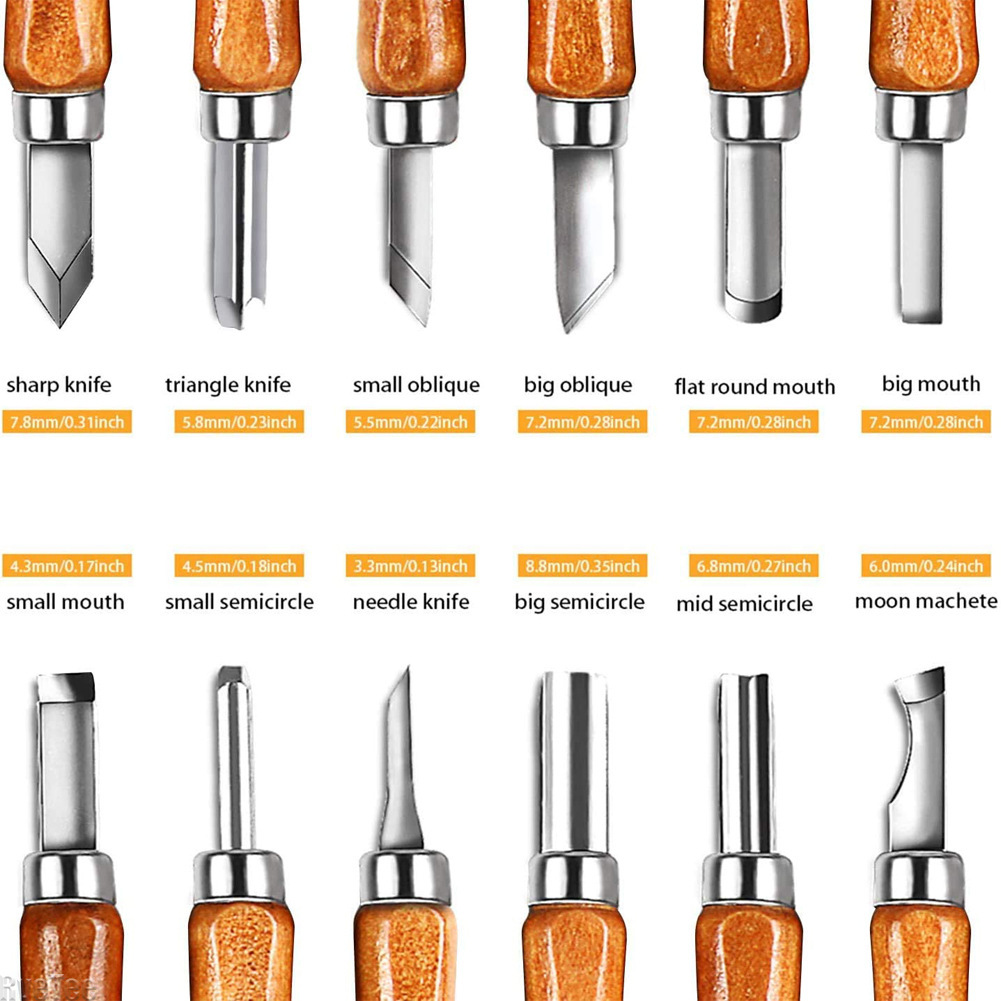 Craft Knife Set - ชุดเครื่องมือแกะสลักไม้ SK2 12 ชิ้น, มีดแกะสลักด้ามไม้พร้อมกระเป๋าและหินลับคม HRC62